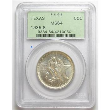 Rare Uncirculated PCGS Slabbed MS-64 1935-S Silver Texas Centennial U.S. Commemorative Half Dollar - Only 10,008 Released - Old Green Holder