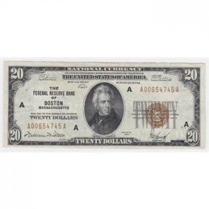 Tough To Find 1929 $20 Brown Seal National Currency Note - The Federal Reserve Bank of Boston
