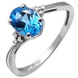 10KT White Gold Licensed Swiss Blue Topaz with Diamond Ring, retail $315