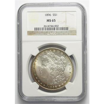 GEM Uncirculated NGC Slabbed MS-65 1896 Morgan Silver Dollar - Tough To Find In This Condtion - Rainbow Rim Toning