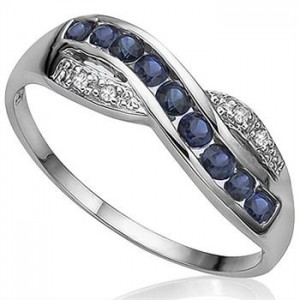 GENUINE SAPPHIRE 0.44ct with DIAMONDS (2pcs) PLATINUM OVERLAY 925 STERLING SILVER RING