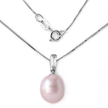 Genuine Freshwater Pearl in Natural Shape with CZ Stone Platinum Overlay Sterling Silver Pendant Necklace (10.5-11MM)