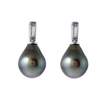 Genuine Tahitian Drop Pearl and CZ Platinum Overlay Sterling Silver Earrings (10-10.5MM)