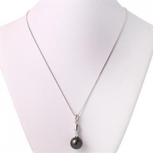 Genuine Tahitian Pearl and White CZ/Black Spinel Overlay Platinum Sterling Silver Pendant Necklace (10-10.5MM)