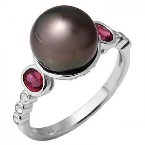 High Quality 925 Silver Tahitian Pearl, Brazilian Garnet, White Sapphire Ring, Retail $510