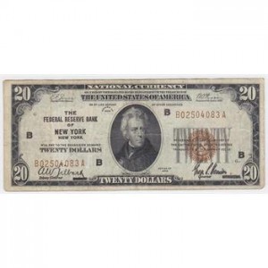 Tough To Find 1929 Brown Seal $20 National Currency Note - Federal Reserve Bank of New York