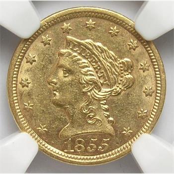 Tough To Find NGC Slabbed AU-58 1855 $2.50 U.S. Gold Liberty Quarter Eagle - Near Mint Condition