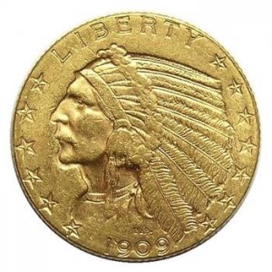 1909 U.S. $5 Gold (.900 Fine) Indian Head Half Eagle - Contains Nearly 1/4 Troy Oz. Of Pure Gold