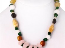 Gorgeous Multi Color Multi Shape Green Chips and Rose Quartz Gemstones 18" Necklace, Total Weight: 66 Grams
