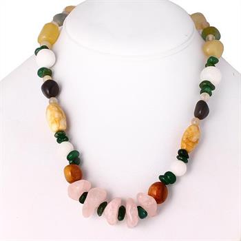 Gorgeous Multi Color Multi Shape Green Chips and Rose Quartz Gemstones 18" Necklace, Total Weight: 66 Grams