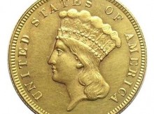 Rare, Better Grade 1874 U.S. $3 Gold (.900 Fine) Indian Princess Head