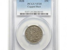 Scarce PCGS Slabbed VF-35 1838 Silver Capped Bust Quarter - Tough To Find
