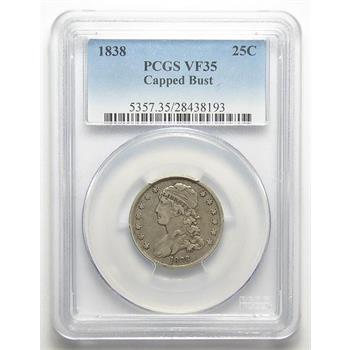 Scarce PCGS Slabbed VF-35 1838 Silver Capped Bust Quarter - Tough To Find
