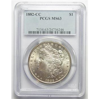 Tough Date, Brilliant Uncirculated PCGS Slabbed MS-63 1882-CC Morgan Silver Dollar