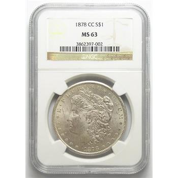 Tough Date, Uncirculated NGC Slabbed MS-63 1878-CC Morgan Silver Dollar - 1st Year Of Issue