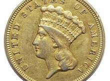 Rare 1856 U.S. $3 Gold (.900 Fine) Indian Princess Head