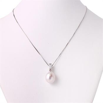 10.5-11mm Freshwater Pearl in Natural Shape with CZ Stone Platinum Overlay Sterling Silver Pendant Necklace
