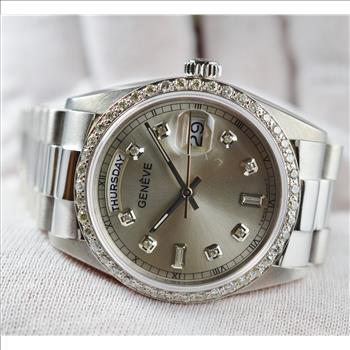 $14,890 Retail Solid 18K White Gold Geneve 36MM Diamond Bezel and Dial Watch 3.83 Ounces