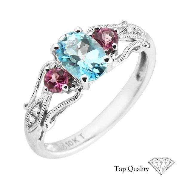 10K GOLD Pink Tourmaline, TCF(TM) Ice Blue color Topaz With DIAMOND Ring RETAIL $395