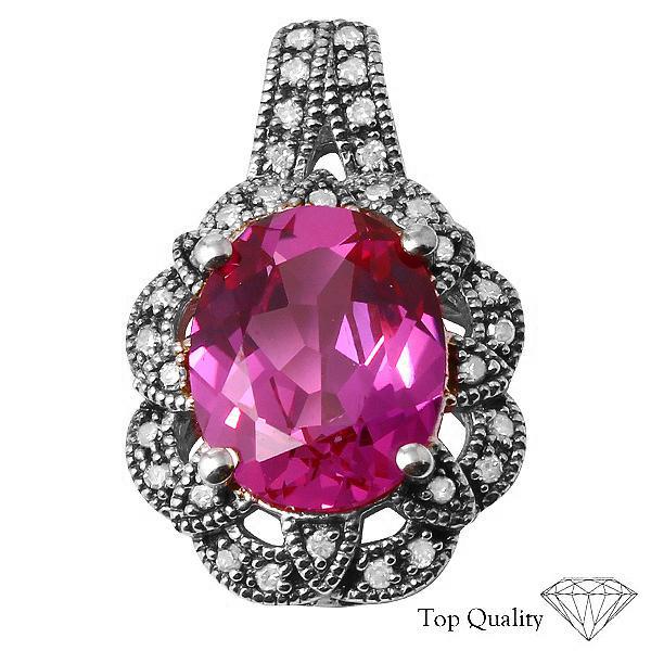925 Silver Created Raspberry Corundum with Diamond Pendant, Retail $265