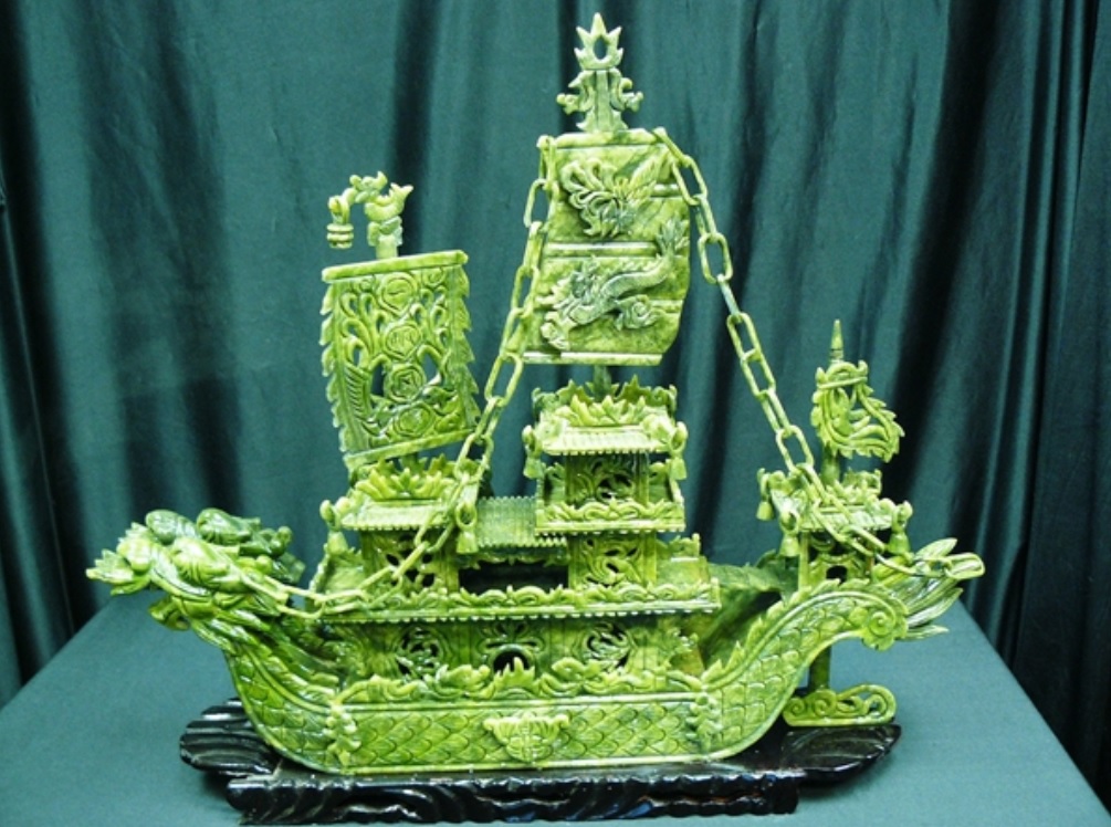 Asian Decor Rare Hand Carved 8,125 Cts of Real Green Jade Dragon Boat