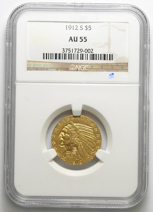 Better Date PCGS Slabbed AU-55 1912 U.S. $5 Gold Indian Head Half Eagle