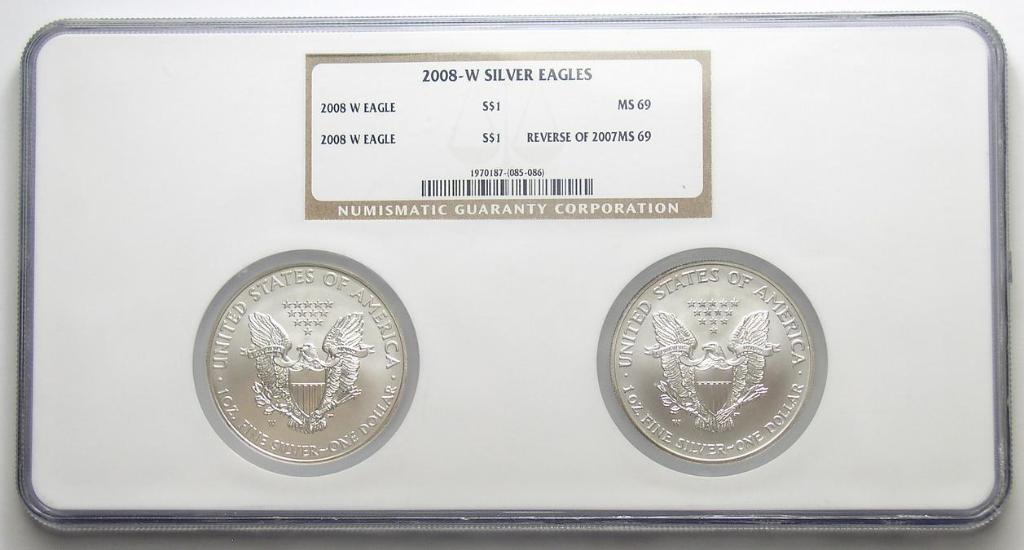 Pair Of GEM BU NGC Slabbed 2008-W American Silver Eagle One Oz. Coins - Reverse of 2007 (Rare Mint Error) and 2008