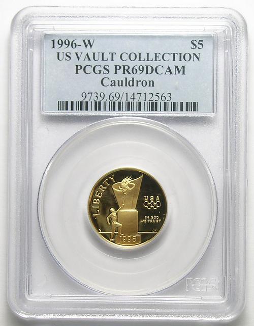 Scarce PCGS Slabbed Gold (.900 Fine) PR-69 DCAM 1996-W Olympic Cauldron $5 Coin - Only 38,555 Minted