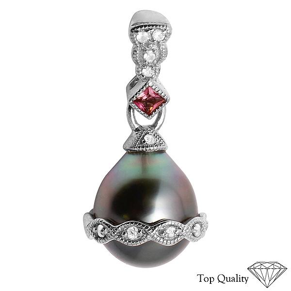 Tahitian Pearl, Pink Tourmaline, White Sapphire in 925 Silver Pendant, Retail $365