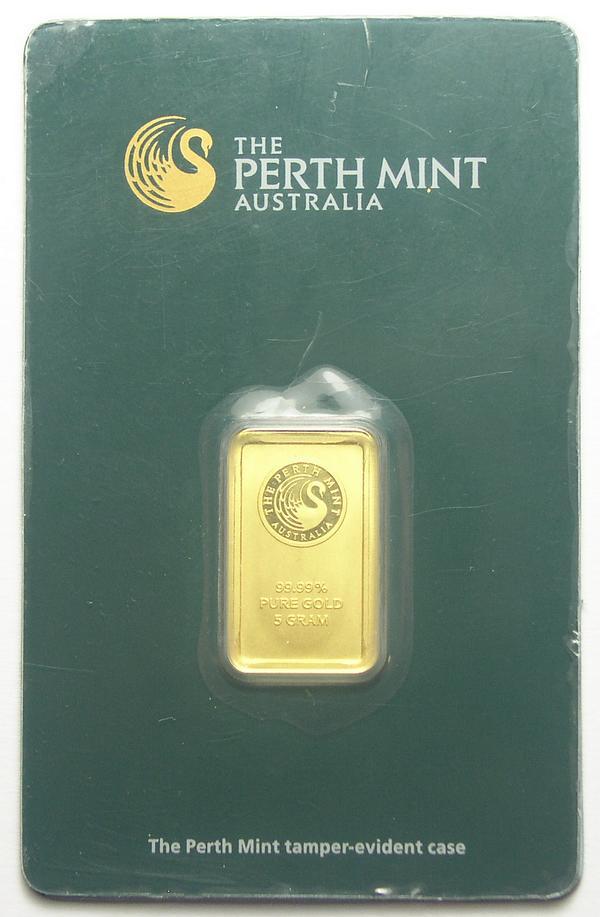 5 Gram .9999 Fine Gold Perth Mint Bar, Individually Serial Numbered
