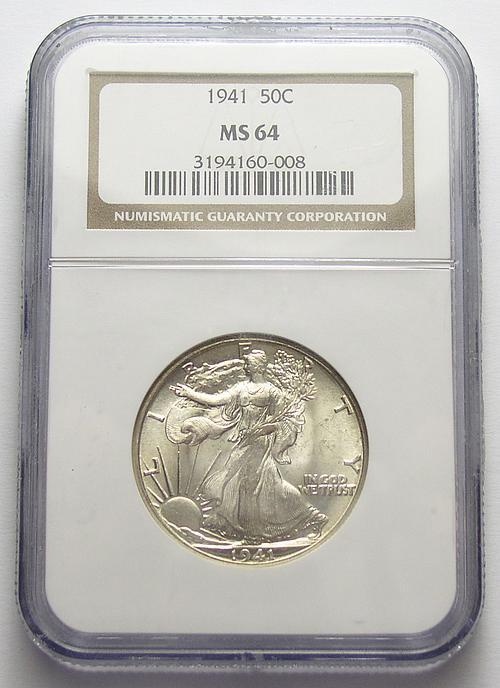 Brilliant Uncirculated NGC Slabbed MS-64 1941 Silver Walking Liberty Half Dollar (Tough To Find In This Condition)