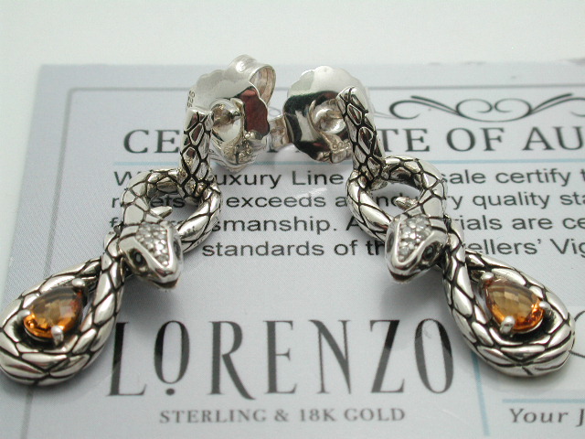 ColoreSG by LORENZO 925 Sterling Silver & 18K White Gold Natural Citrine & Diamond Snake Earrings, Retail $990