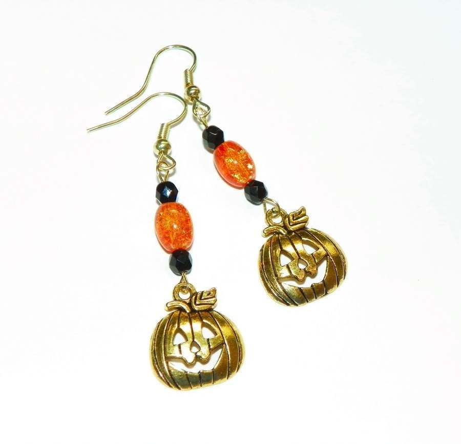 Jack O' Lantern Earrings, Halloween Theme (Orange Crackle Glass)