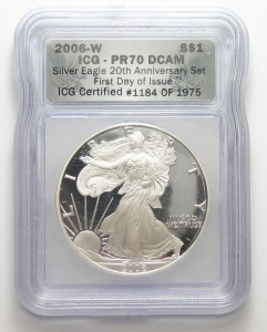 Better Date ICG Slabbed PR-70 DCAM 2006-W American Silver Eagle - Deep Cameo Proof - 1st Day Of Issue