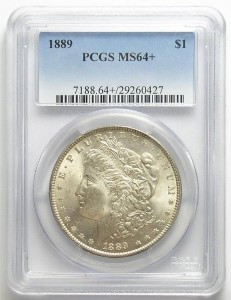 Brilliant Uncirculated 1889 Morgan Silver Dollar, PCGS Slabbed MS-64+ (Near GEM)
