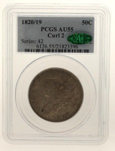 Overdate Capped Bust Silver Half Dollar, PCGS AU-55 CAC