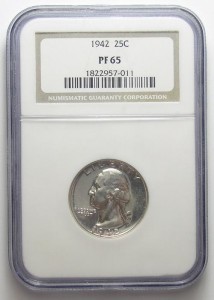 Scarce GEM Proof NGC Slabbed PR-65 1942 Silver Washington Quarter - Only 21,123 Minted