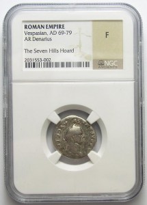 Scarce Silver NGC Slabbed Ancient Roman Coin - Vespasian AD 69-79, Seven Hills Hoard (Fine Choice)