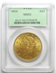Uncirculated PCGS Slabbed MS-62 1904 U.S. $20 Gold (.900 Fine) Liberty Head Double Eagle - Old Green Holder - Contains Nearly 1 Troy Oz. Of Pure Gold