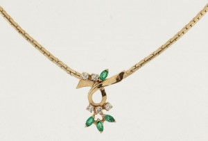 9.9 Gram 14kt Yellow Gold Necklace With Green Stones And Diamond Accents