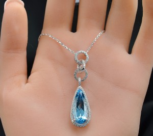 $1,399 Retail 6.82 Carats t.w. 14K Gold Diamond and Topaz Halo Pendant w Attached 14K Gold Chain